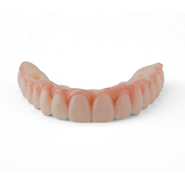 Dientes impresos en Premium Teeth HT; la base rosa se imprime en Denture Base y ambas se unen entre sí.