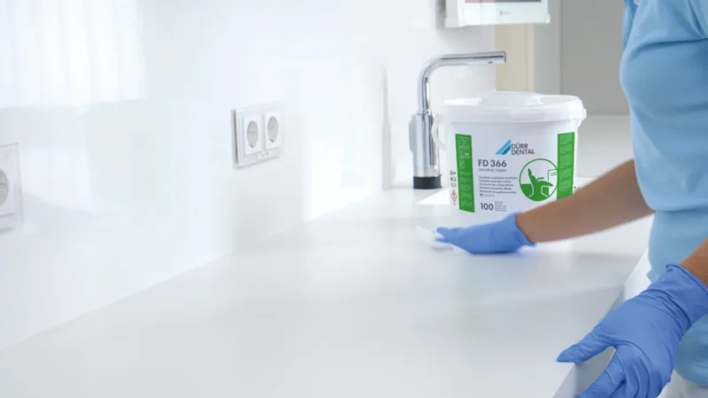 Desinfección de una superficie del equipo dental con un paño y FD 366 sensitive