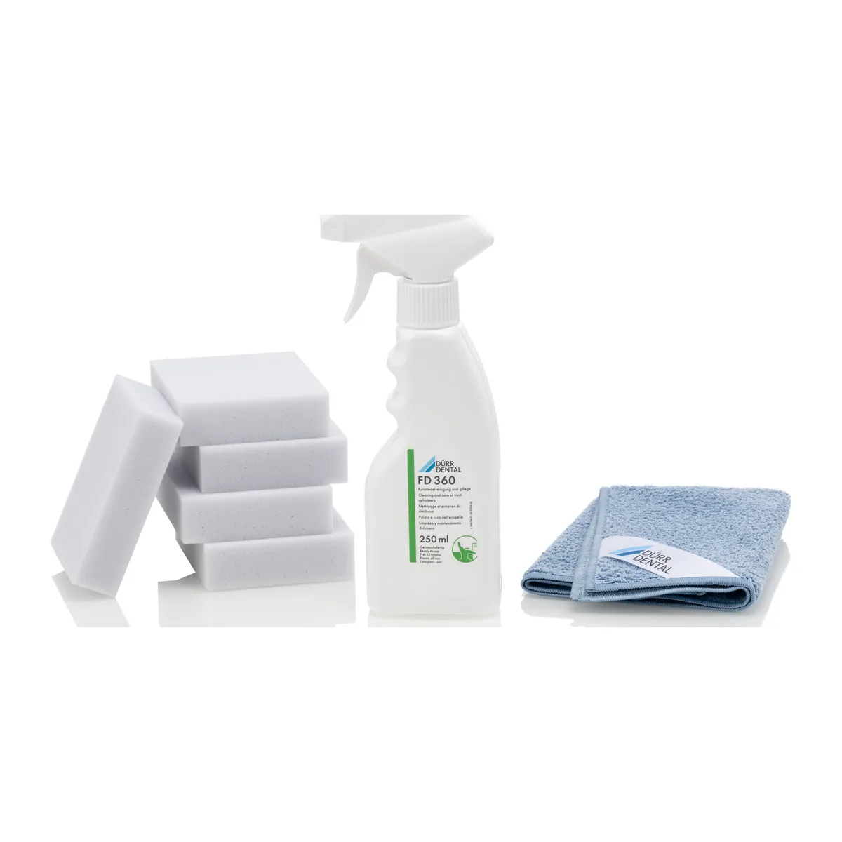 Dürr Dental FD 360, set de limpieza y cuidado de tapicerías con spray de 250 ml, paño de pulido y esponjas