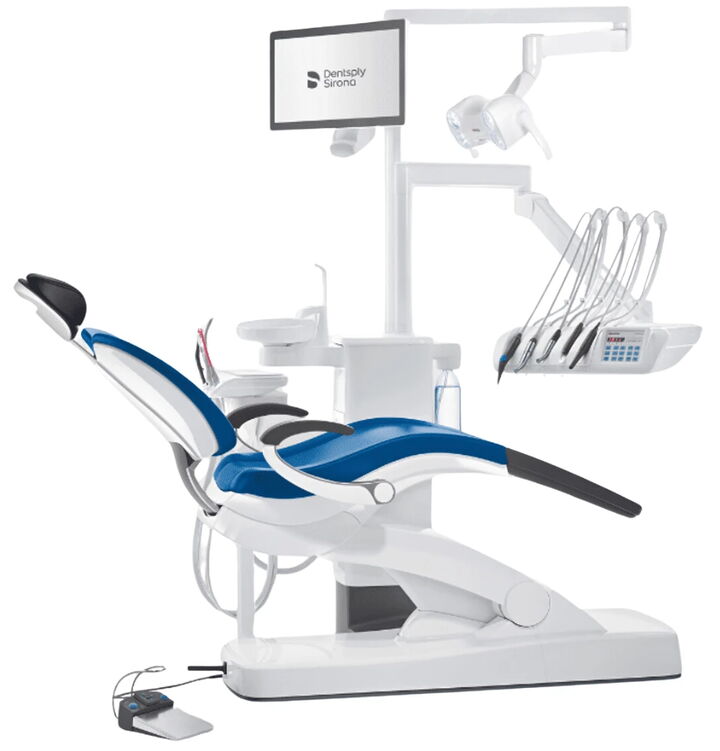 Unidad dental Dentsply Sirona con sillón, lámpara y monitor